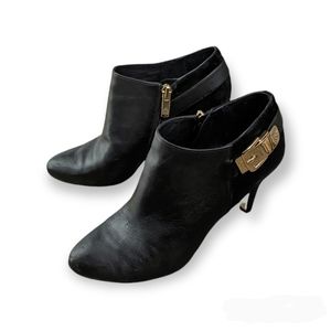 Vince Camuto Genuine Leather Gold Buckle Black Heeled Booties 7
